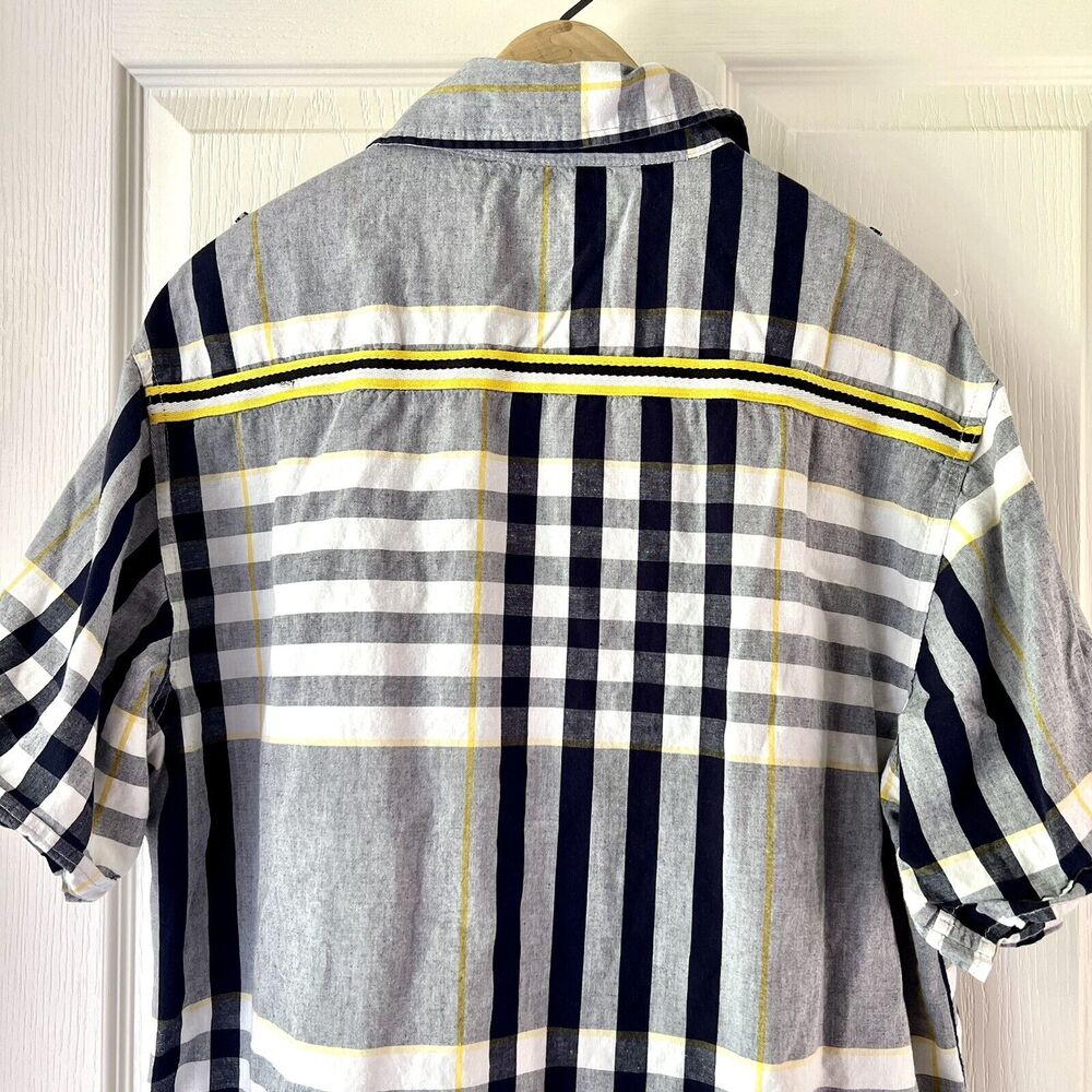 Y2K Red Ape Shirt Mens Medium Short Sleeve Button Up Blue Plaid Logo Urban Wear - Picture 10 of 13